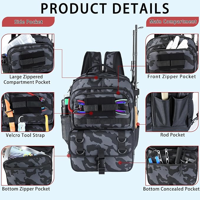 Fishing Backpack with Tackle Boxes,Fishing Sling Tackle Bag with Rod Holder Waterproof Fishing Bag with Fishing Gear, Fishing Gifts for Men Women Gear Combo Kit,Camouflage Black