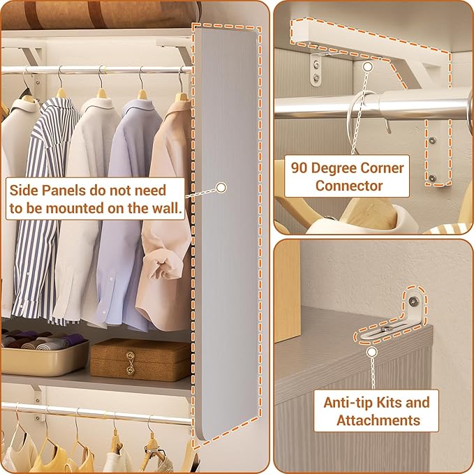 Closet System (Set of 3) with 4 Drawers, 8 Hanging Robs, 91.5"/151" Closet Organizer System with Corner Tower, Reversible Walk-in Closet System Corner Closet System, Morandi Grey