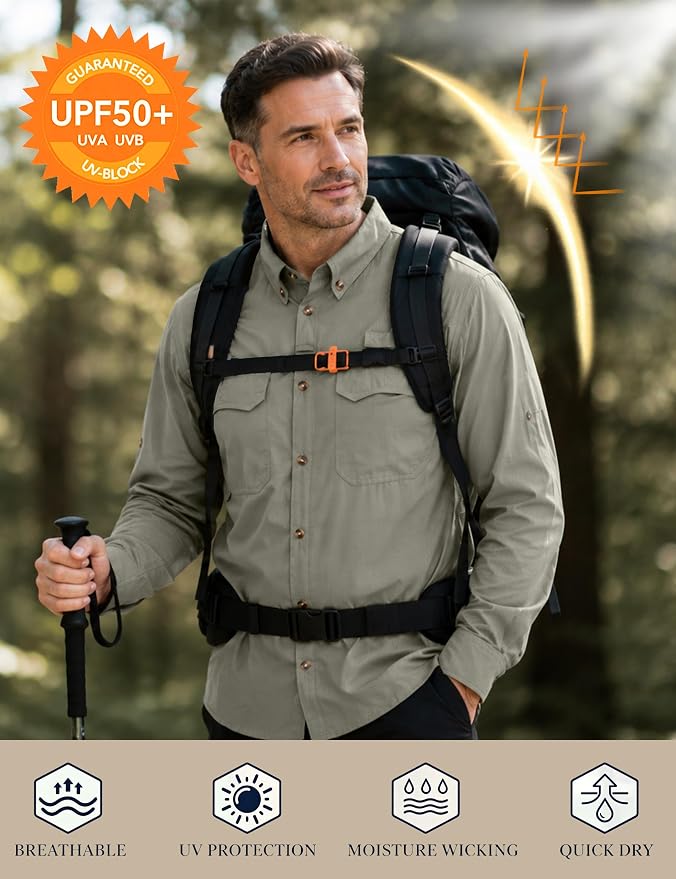 Roadbox Men's Sun Protection Fishing Shirt, Long Sleeve Cool Dry Lightweight UPF 50+ Shirts for Hiking Safari Camping Travel