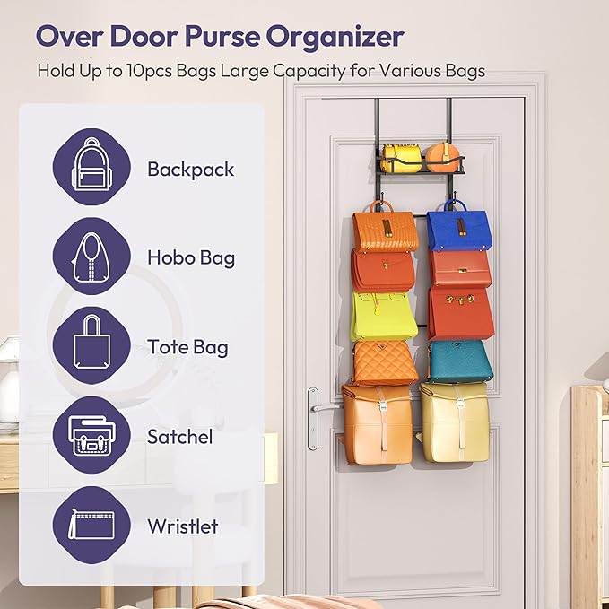SWTYMIKI Over The Door Purse Organizer - Wall Mounted Purse Rack with 10 Hooks and Metal Basket, Handbag Hanger Organizer Holds up to 10 Bags, Bag Rack Can Use As 1/2 Part, for Door, Closet