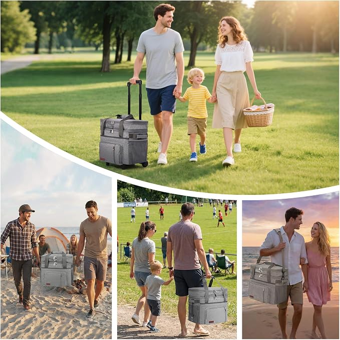 MIYCOO Cooler Bag with Wheels Double Deck - 60 Can Leakproof Insulated Portable Soft Lunch Cooler, Extra Large Expandable Ice Chest Cooler for Beach, Picnic, Camping, Shopping(Gray)