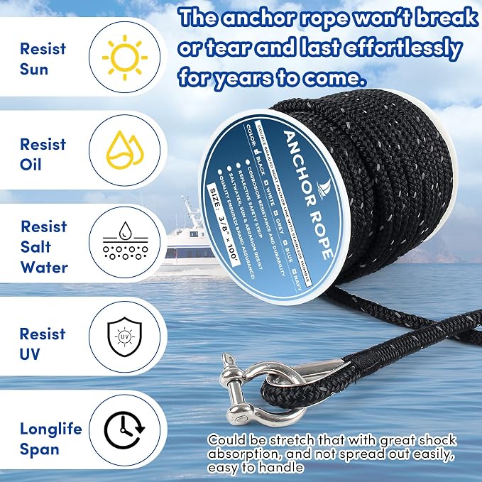 Anchor Rope 100 ft x 3/8 inch Black, Double Braided Anchor Line with Stainless Steel Thimble & Shackle, Boat Rope with Reflective Strip Ideal for Towing,Mooring,Anchoring,for Boats Up to 27'