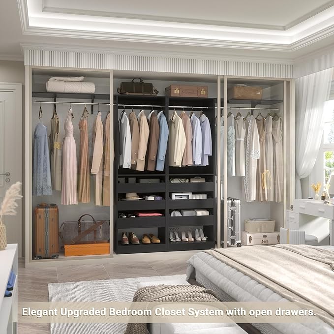 60" Wide x 80" Tall Closet System with 3 Half-Open Wooden Drawers, 5FT Closet Organizer System with 2 Hanging Rods & Removable Tower, Freestanding Wardrobe Organizer for Walk-in Bedroom, Black