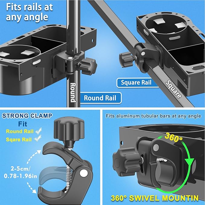 Boat Caddy Organizer, 3-in-1 Mount (Screw/Fishing Boat Track/Clamp-On), Removable Divider Card & Anti-Slip Pad, Fits 40oz Tumbler, for Boat Kayak Tree Stand Bicycle Walker Wheelchair