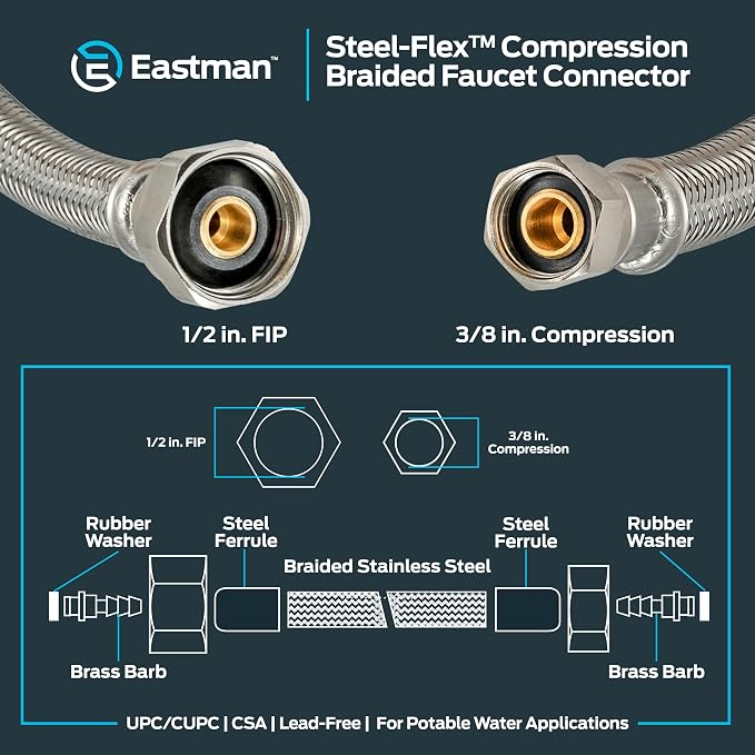Eastman 48 inch Steel-Flex Braided Faucet Connector, 1/2 Inch FIP x 3/8 Inch Compression, Stainless Steel Faucet Supply Line, 48301