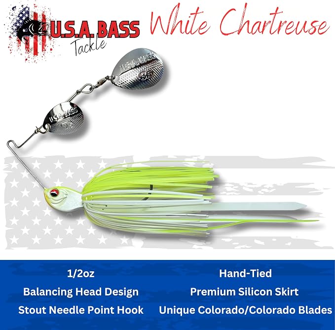 USA BASS Tackle Apache Attack Spinnerbait Type II Largemouth Smallmouth Spotted Bass Premium Fishing Bait Handtied Skirt Custom Blades Heavy Duty Hook New for 2025