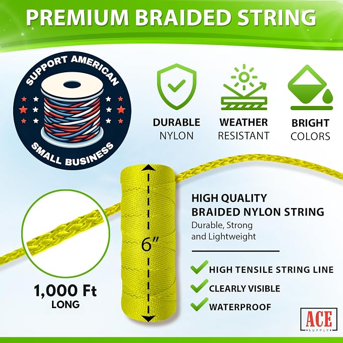 Yellow Mason Line String Line - 36 Roll Pack - #18 Braided Nylon String - 1000 Ft Length Per Roll - Nylon Twine for Gardening Or Masonry Tools - Perfect Construction String for A String Level