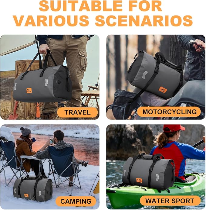OCKLILY Waterproof Dry Bag, 30L Roll-top Motorcycle Tail Bag with Air Valve & Quick-fixed Straps, Travel Duffle Bags for Kayaking Paddle Boarding Rafting Boating Camping Riding Fishing - Grey