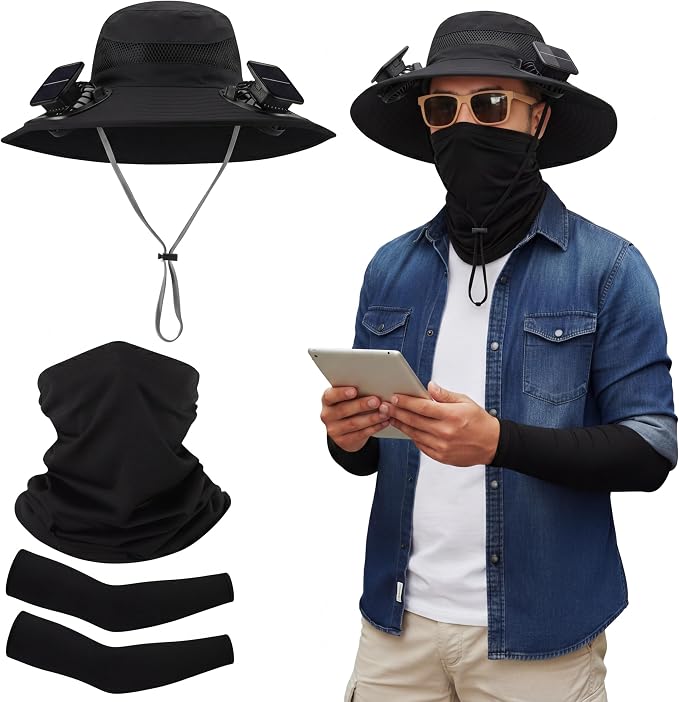 Syhood Solar Powered Fan Hat Neck Gaiter Arm Sleeves Sun Bucket Hat with Fan Cooling Wide Brim Hats for Fishing Hiking
