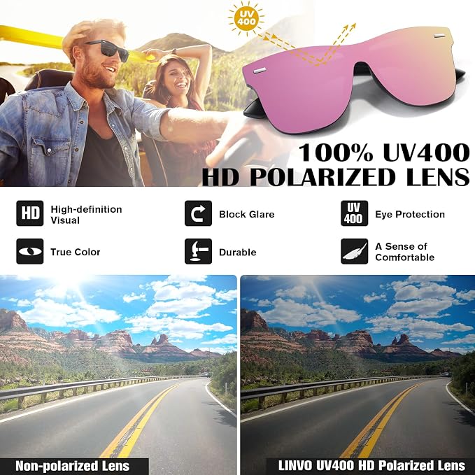 LINVO Trendy Polarized Mirrored Sunglasses Men Womens, Flat One Piece Reflective Shades for Driving Fishing UV400 Protection