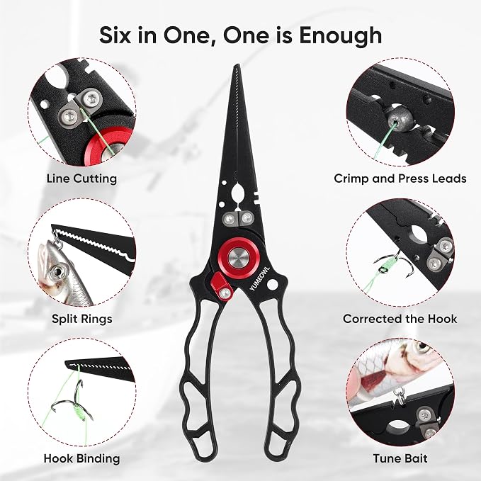 Fishing Pliers with Innovative Ergonomical Handle, Corrosion Saltwater Resistant,Fishing Multitool Hook Remover Braided Fishing Line Cutting, Split Ring with Coiled Lanyard and Sheath