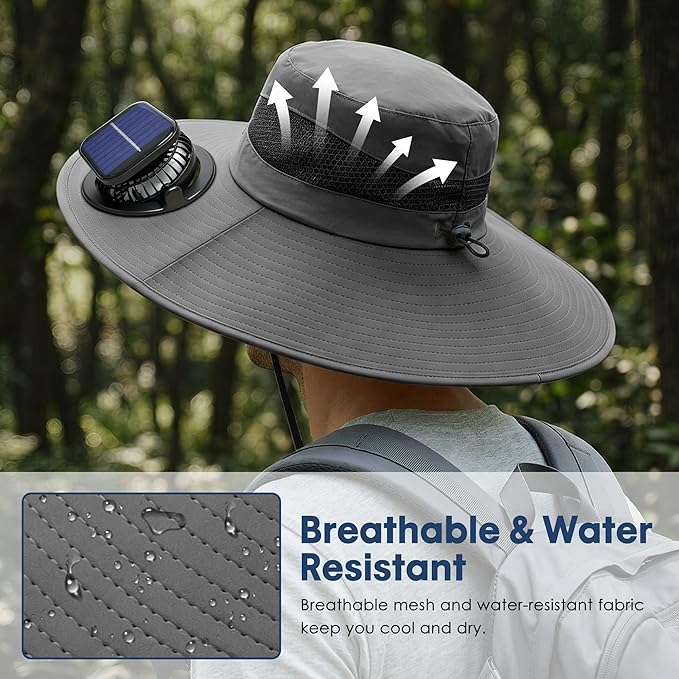 Solar Fan Hat, UPF 50+ Wide Brim Sun Hat with 2 Fans, Solar & USB Rechargeable, 3 Speeds for Fishing/Camping/Hiking/Gardening