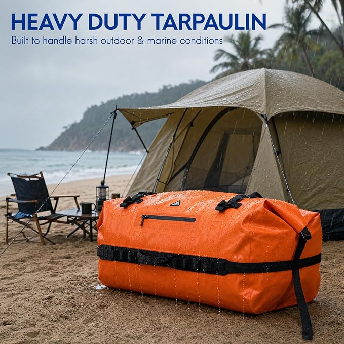 Haimont IPX7 Waterproof Roll-Top Dry Duffel Backpack | 60L/90L Sizes, 500D Tarpaulin, Welded Seams, Mesh Pockets, Boating & Kayaking