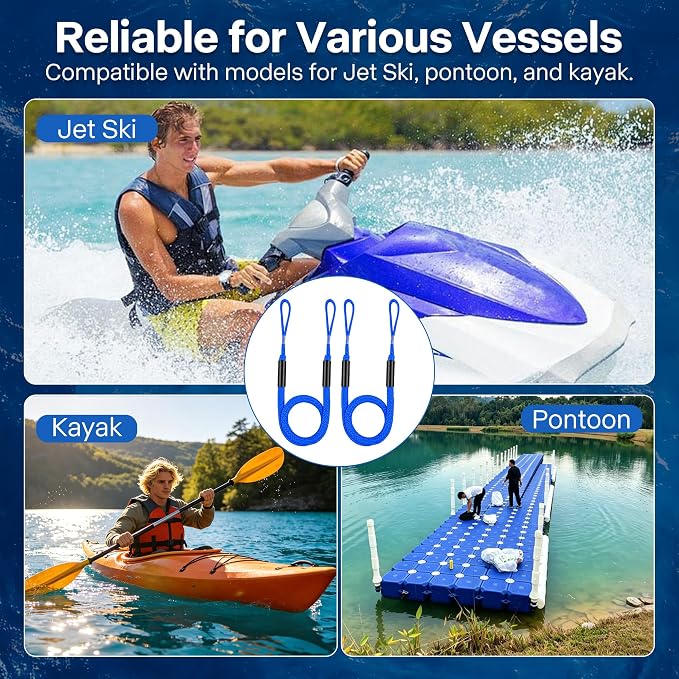Boat Bungee Dock Lines, Scratch-Free Loop Ends Mooring Rope, Shock Absorbing Pontoon Tie Down Accessories Compatible with Models for Jet Ski（6ft-2 Pack-Blue）