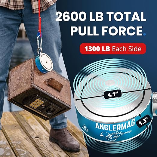 AnglerMag Magnet Fishing Kit - 2600 lbs Double Sided Neodymium Magnetic Fishing Stuff with Rope - 10 PCS Extra Strong Complete Gift Set with eBook, Carabiner, Gloves, Grappling Hook & Carrying Bag
