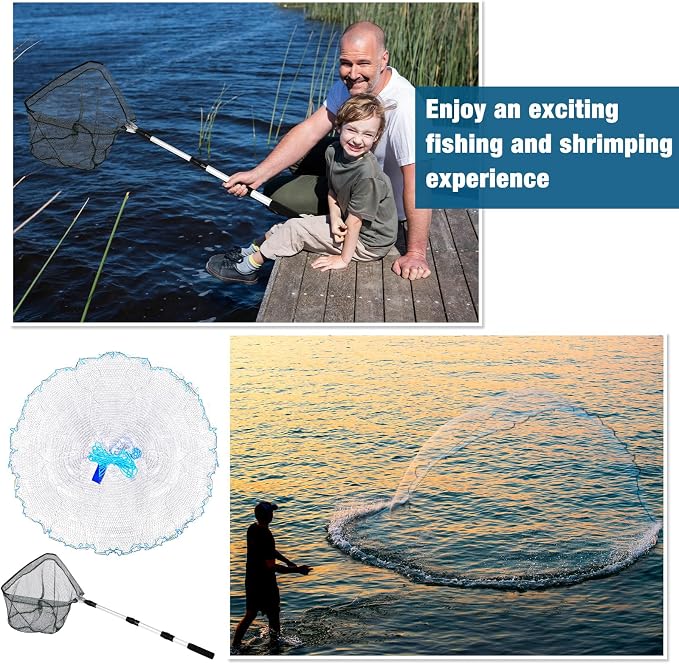 6 Pcs Fishing Net Trap Portable Folded, Crab Trap Minnow Trap, Fishing Landing Net with Telescoping Pole Handle, Casting Net Bait Trap with Heavy Duty Sinker and Storage Bucket