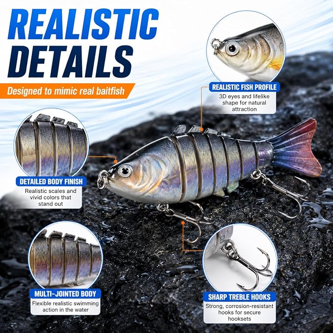 SANWEAL 6PCS Multi Jointed Fishing Lures Kit, 2 Size Slow Sinking Swimbait Hard Baits with 3D Eyes and Treble Hooks, Segmented Baitfish Artificial Fishing Bait for Bass Trout Freshwater Saltwater