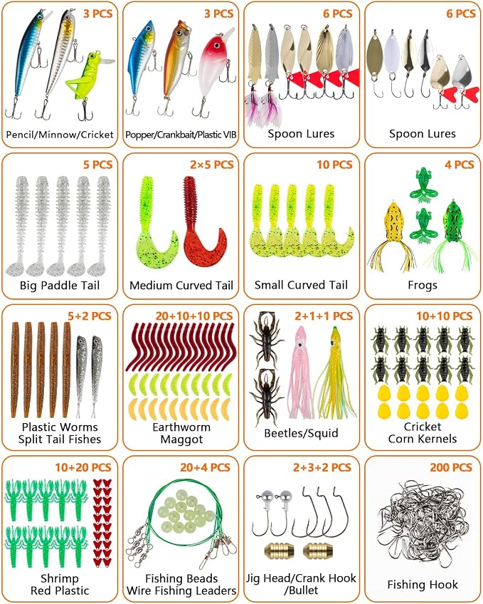 GOANDO Fishing Lures Kit for Freshwater Bait Tackle Kit for Bass Trout Salmon Fishing Accessories Tackle Box Including Spoon Lures Soft Plastic Worms Fishing Gifts