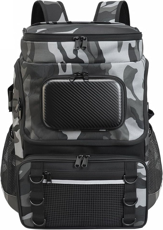 Fishing Backpack with Rod Holder X-Large 60L Tackle Gears Bag with Cooler for Storage Tackle Box and Fishing Accessories Stuff, Fish Gifts for Men Woman-Gray Camo