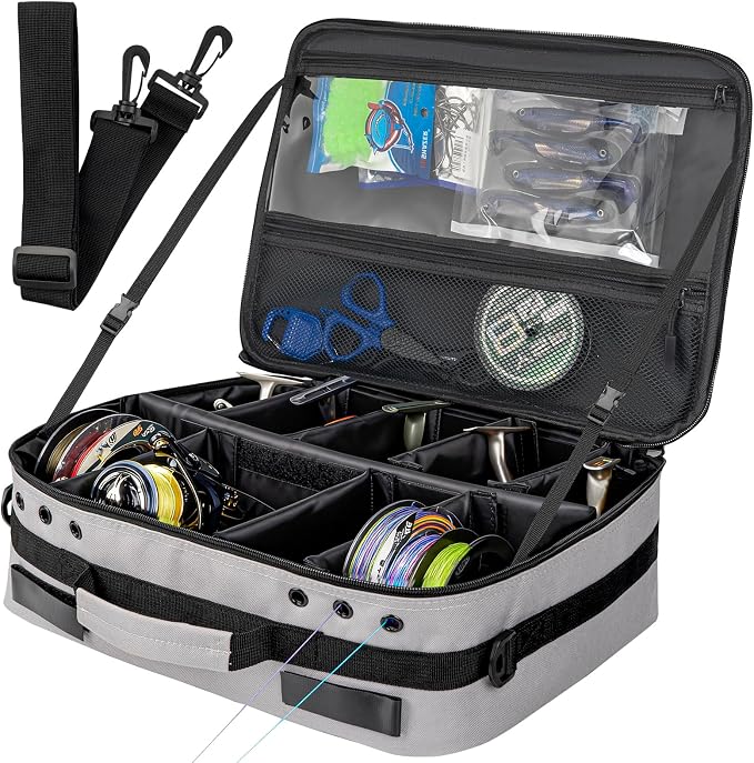 THKFISH Waterproof Fishing Reel Case and Fishing Line Storage Bag with Removable Shockproof Compartments Holds more than 12 Reels or 24 Spools