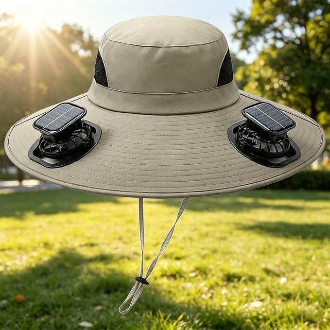 Solar Powered Fan Hat for Men Women Wide Brim Hat with 2 Fans UPF 50+ Outdoor Fishing Beach Sun Hat