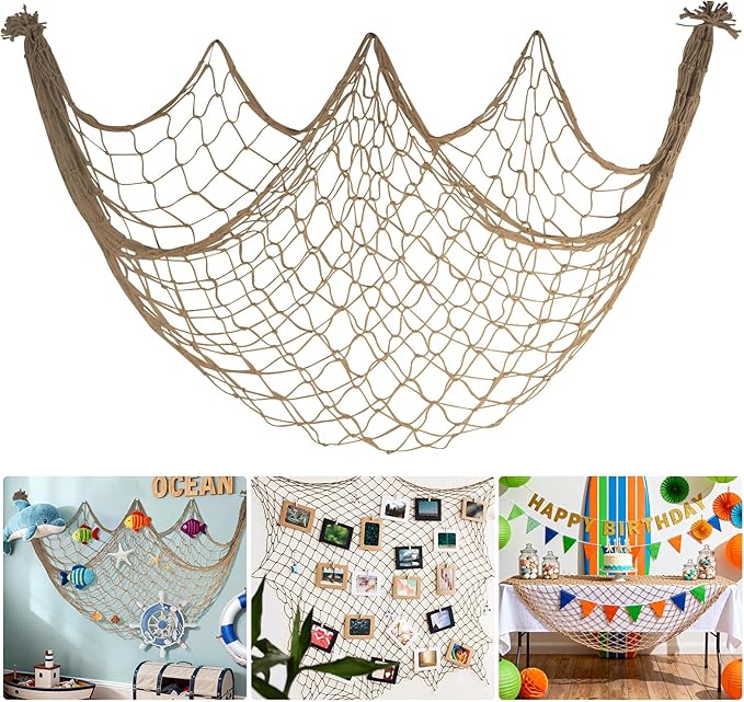 Fishing Net Decor for Party - 80x40 In Brown Fish Net Decorations Under The Sea Hawaiian Mermaid Pirate Beach Party Decorations, 3mm Natural Cotton Fishnet Ocean Nautical Themed Wall Table Decor