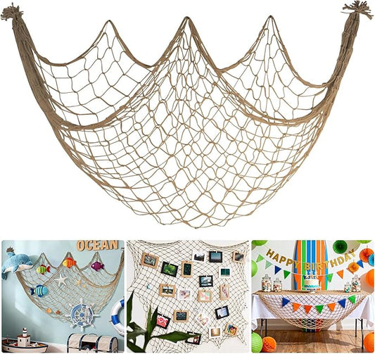 Fishing Net Decor for Party - 80x40 In Brown Fish Net Decorations Under The Sea Hawaiian Mermaid Pirate Beach Party Decorations, 3mm Natural Cotton Fishnet Ocean Nautical Themed Wall Table Decor