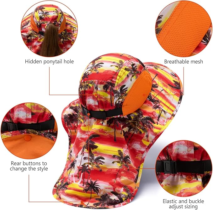 BASSDASH UPF 50+ Unisex Water Resistant Wide Brim Sun Hat with Large Neck Flap Ponytail Fishing Hat for Men Women