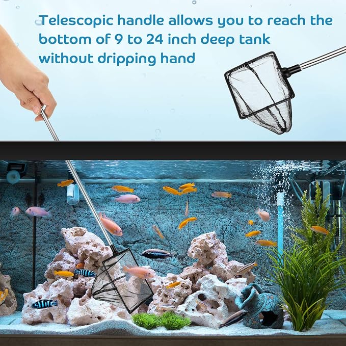 Sumind 2 Pieces Fish Tank Net Aquarium Mesh Fishes Net Long Handle Fish Nets with Extendable 12.5-27.5 Inch Stainless Steel Catch Nets for Aquarium Accessories 4 & 6 Inch