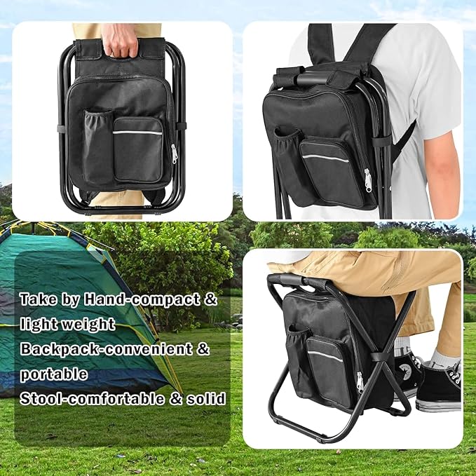 Kikerike Backpack Stool Cooler Chair Heavy Duty 300 LBS Max Load Portable Lightweight Folding Fishing Cooler for Camping Hunting Fishing - Black