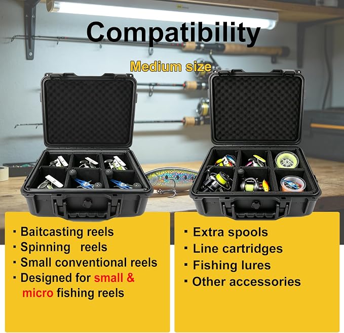 Fishing Reels Storage Case, Tackle Accessories Storage Handcase,5pcs Adjustable Magic Tape Dividers (6 Compartments), Fits Fishing Reels, Lures, Spare Fishing Line, Black, Medium,12.8*11.6*4.7 Inch