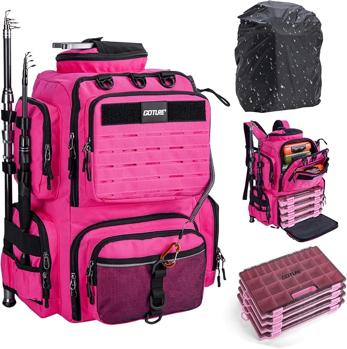 Goture Fishing Backpack with 4 Tackle Boxes,900D Water-Resistant Tackle Backpack with Rod Holders,45L Large Fishing Bag Storage Gear Tackle Bag with Rain Cover,Bottle Holder for Travel Camping Hiking