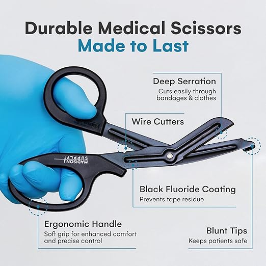 Madison Supply EMT and Trauma Shears for Left and Right Hand -7.5-Inch Bandage Scissors, Stainless Steel Medical Shears -Fluoride-Coated Blades for First Responder, Nurse, and Doctor (2 Pack, Black)