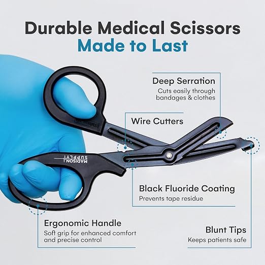 Madison Supply 7.5 Inches Premium Stainless Steel Trauma Shears for Left and Right Hand - Non-Stick Coated Blades Medical Scissors - Durable Fluoride-Coated Nurse Scissors - Black