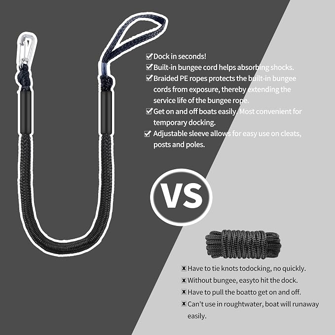 Boat Bungee Dock Lines – Adjustable Boat Tie Downs for Pontoon, Jet Ski, PWC, Kayak | Single Hook Small Cruiser Mooring Lines | (2, Black, 4 Feet)