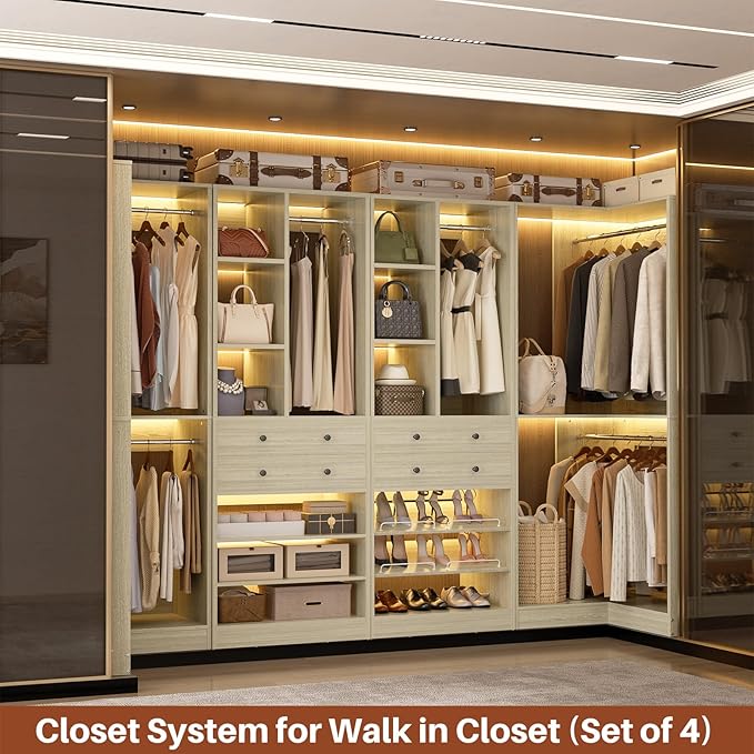 Closet System with 4 Drawers & Corner Tower, Closet Organizer System with 4 Hanging Robs, Reversible U Shaped Walk-in Closet System, Load 2600+LBS Capacity, Set of 4, Greige Oak