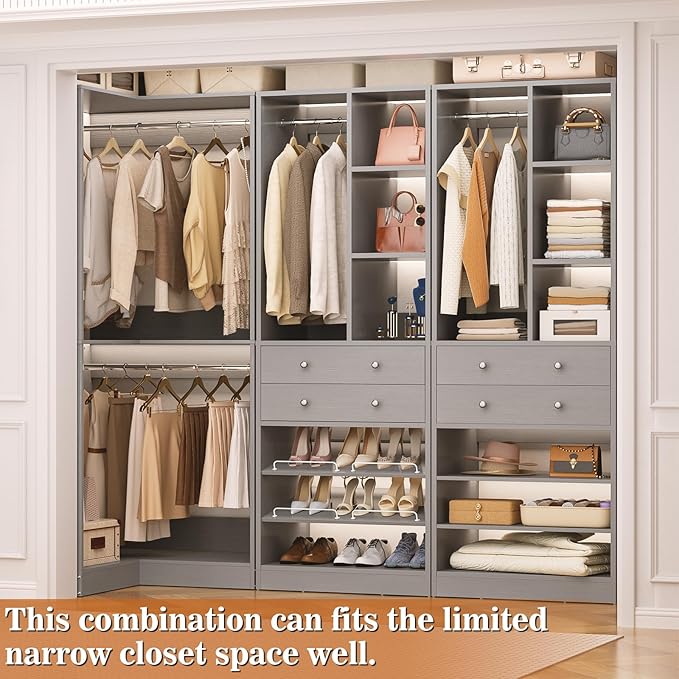 Closet System with 4 Drawers and Hanging Rods, 59.5"L / 87"L Closet Organizer System with Corner Tower, L Shaped Walk-in Closet System, Corner Closet System with Shelves, Set of 3, Morandi Grey