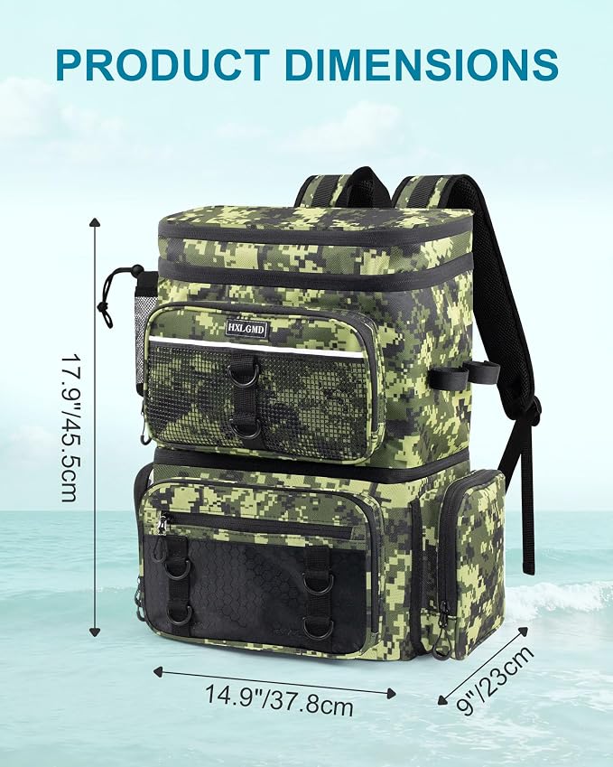 HXLGMD Fishing Backpack with Rod Holders, Double Layer Large Water-resistant Tackle Bag Store Gear with Cooler, Green