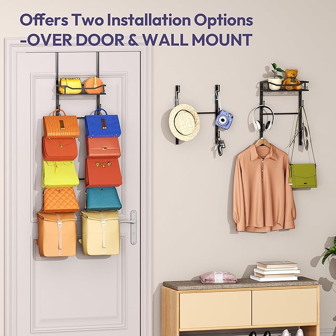 SWTYMIKI Over The Door Purse Organizer - Wall Mounted Purse Rack with 10 Hooks and Metal Basket, Handbag Hanger Organizer Holds up to 10 Bags, Bag Rack Can Use As 1/2 Part, for Door, Closet