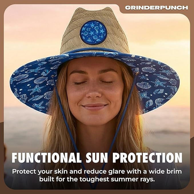 grinderPUNCH Lifeguard Hat Mens Straw Sun Hat for Outdoor American Flag USA Patriotic Straw Beach Fishing Straw Hat for Men