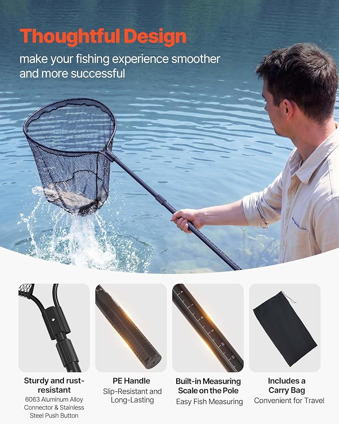 VEVOR Fishing Net, Landing Nets with Telescopic Handle Lightweight and Stronger Fish Gear, Durable and Fish-Friendly, for Kayak, Boat, Bank, Pond