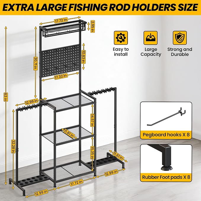 YQSLYSF Fishing Rod Holders for Garage with Pegboard & Metal Mesh Basket, Fishing Rod Storage Rack, Vertical Fishing Pole Holder for Up to 12 -24 Poles, Tackle Gear Organizer
