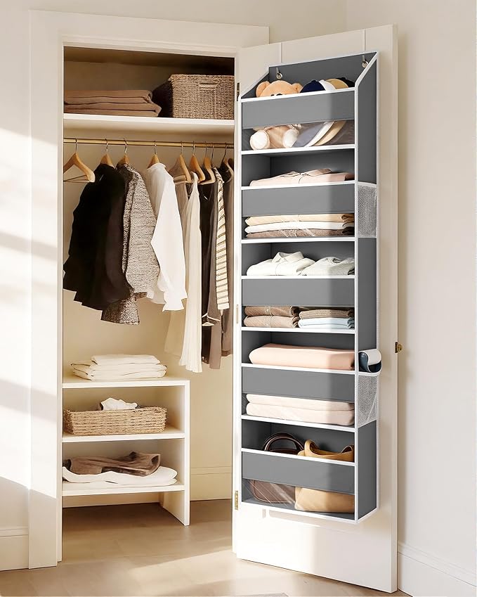 ULG Over-The-Door Organizer 5 Tiers, Large Pocket Hanging Rack with 4 Mesh Side Pockets, Space Saving Closet Door Organizer for Clothes, Shoes, Toys, Accessories, Support 44 LBS Max, Grey, 2-Pack