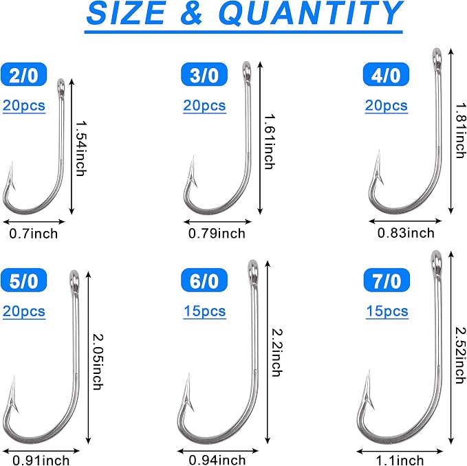 Saltwater Fishing J Hooks Kit,110pcs 34007 O'shaughnessy Forged Hooks Long Shank Stainless Steel J Fishing Hooks Set Trolling Sea Bass Fishhooks for Saltwater Freshwater