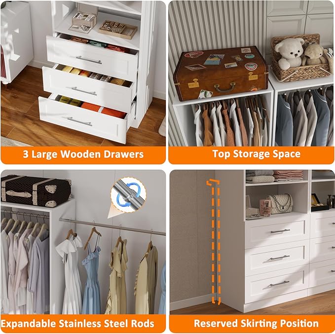 Modular Closet System with 12 Drawers, 8FT Engineered Wood Closet Organizer System for Walk-in Closet, Storage Unit with 8 Extendable Hanging Rods, White (Set of 4)