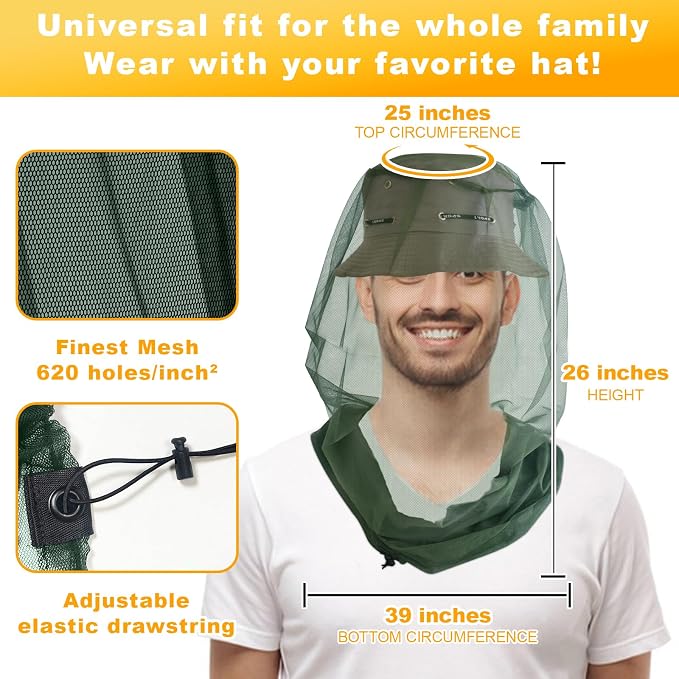 South to East Premium Mosquito Head Net for Insect, 2 Pack, Fly & Bug Protection | Ultra Large & Long, Extra Fine Holes for Camping, Hiking, Fishing, Gardening, Safari, Fits All Hats, Green