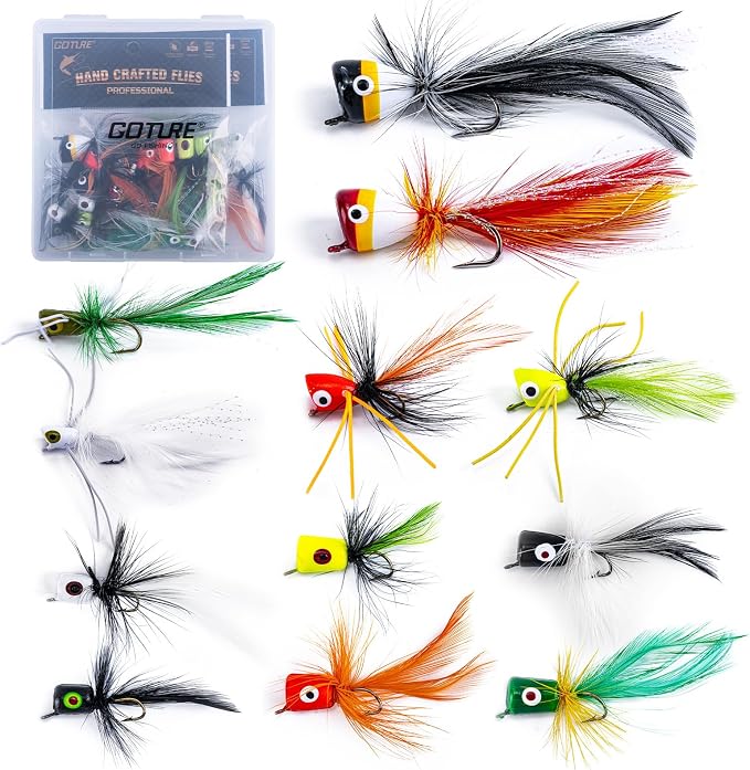 Goture Fly Fishing Poppers Lures, Topwater Popper Flies Bugs Lure, Fly Fish Poppers Fishing Lures Kit, Dry Flies for Panfish Bluegill Crappie Sunfish Bass Trout Salmon