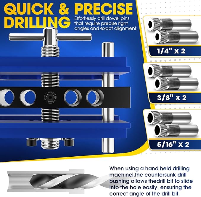 BLEKOO Self Centering Doweling Jig Kit, Drill Jig For Straight Holes Biscuit Joiner Set With 6 Drill Guide Bushings, Adjustable Width Drilling Guide Power Tool Accessory Jigs (Blue)