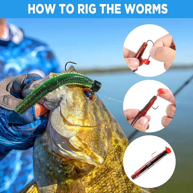 PLUSINNO Wacky Worm Fishing Lure Kit, Soft Plastic Fishing Lures, Grub Baits Hook Wacky Rig Bass Trout Fishing Worms Lures w/Tackle Box