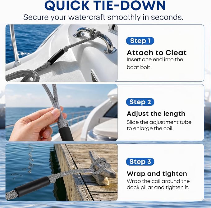 Boat Bungee Dock Lines, Scratch-Free Loop Ends Mooring Rope, Shock Absorbing Pontoon Tie Down Accessories Compatible with Models for Jet Ski（4ft-2 Pack-Gray）